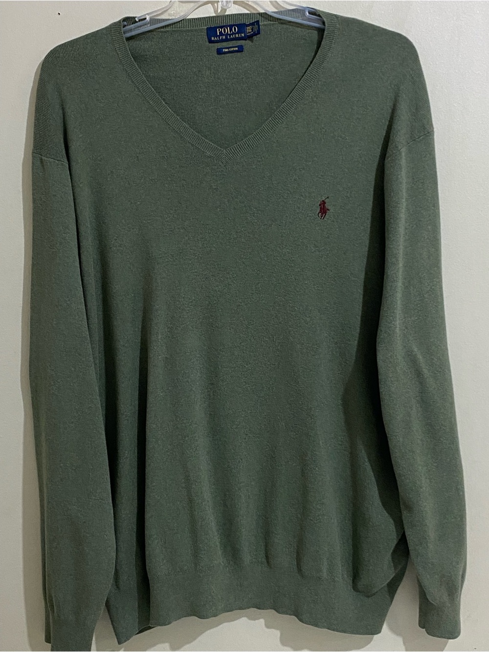 Polo Ralph Lauren 2XLT-Tall‎ V-Neck Sweater in Olive Green with Maroon Pony